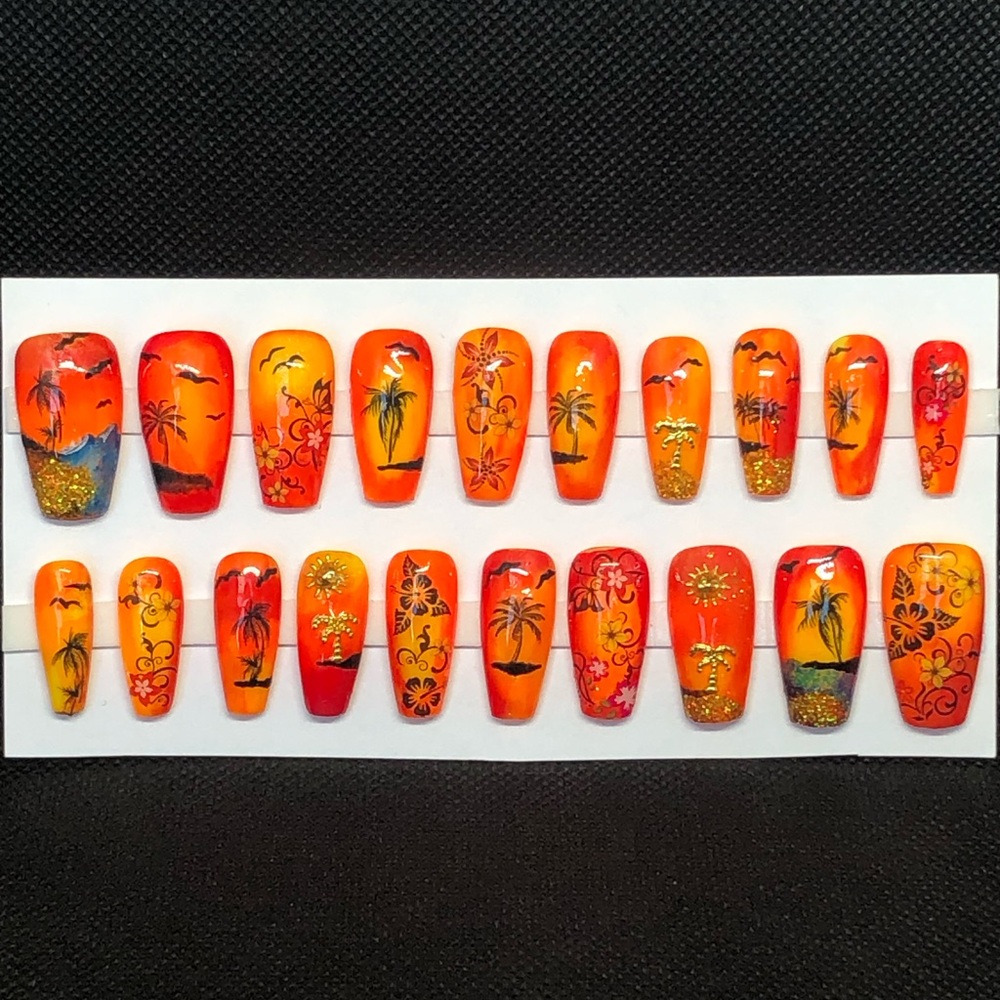 Handmade Press On Nails Custom False Nails Long Coffin Sunset Beach Tropical